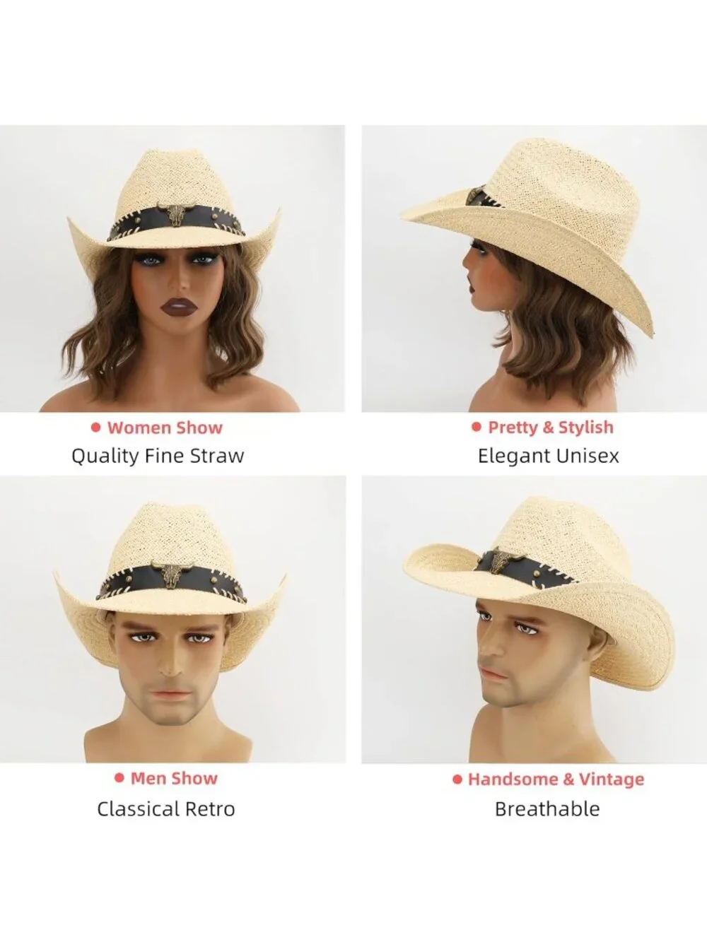 Men's Beige Straw Adjustable Wide Brim Sun Beach Western Cowgirl Cowboy Hat